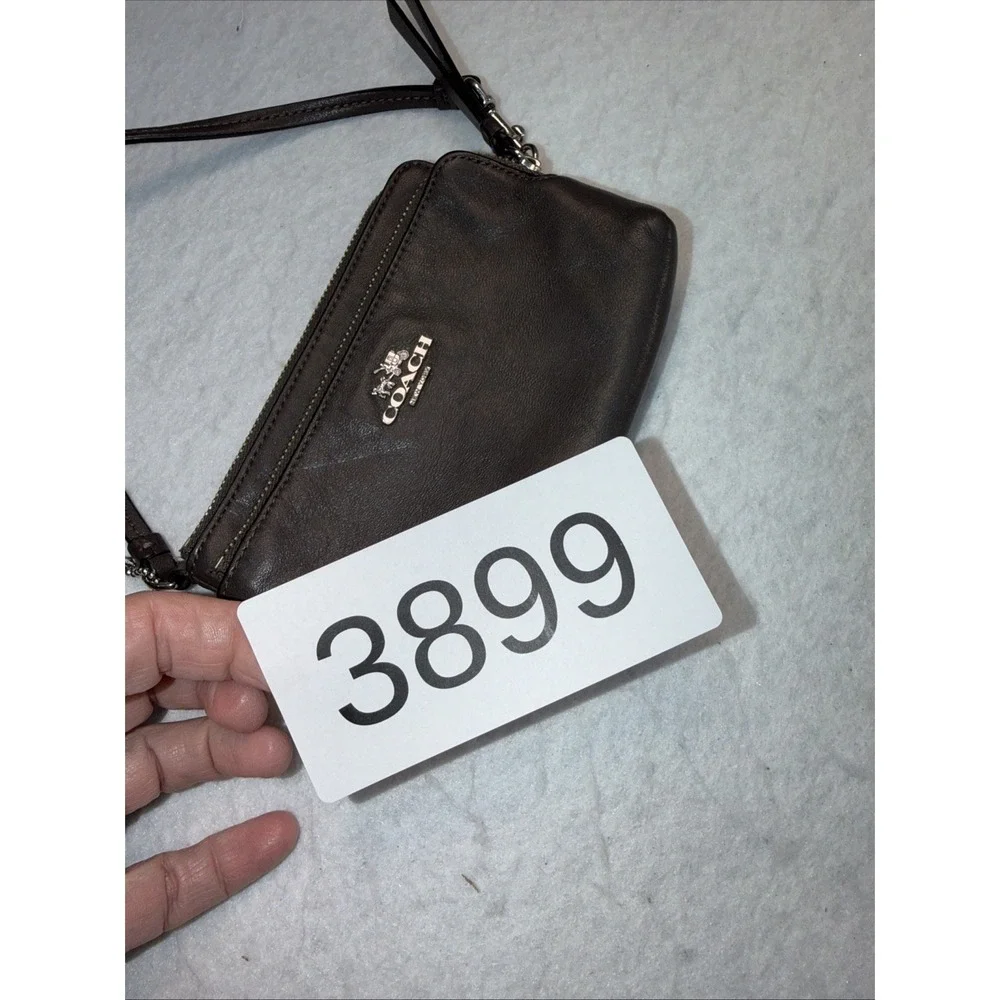 Coach Chocolate Brown Silver Front Logo Leather 2 Compartment Wristlet